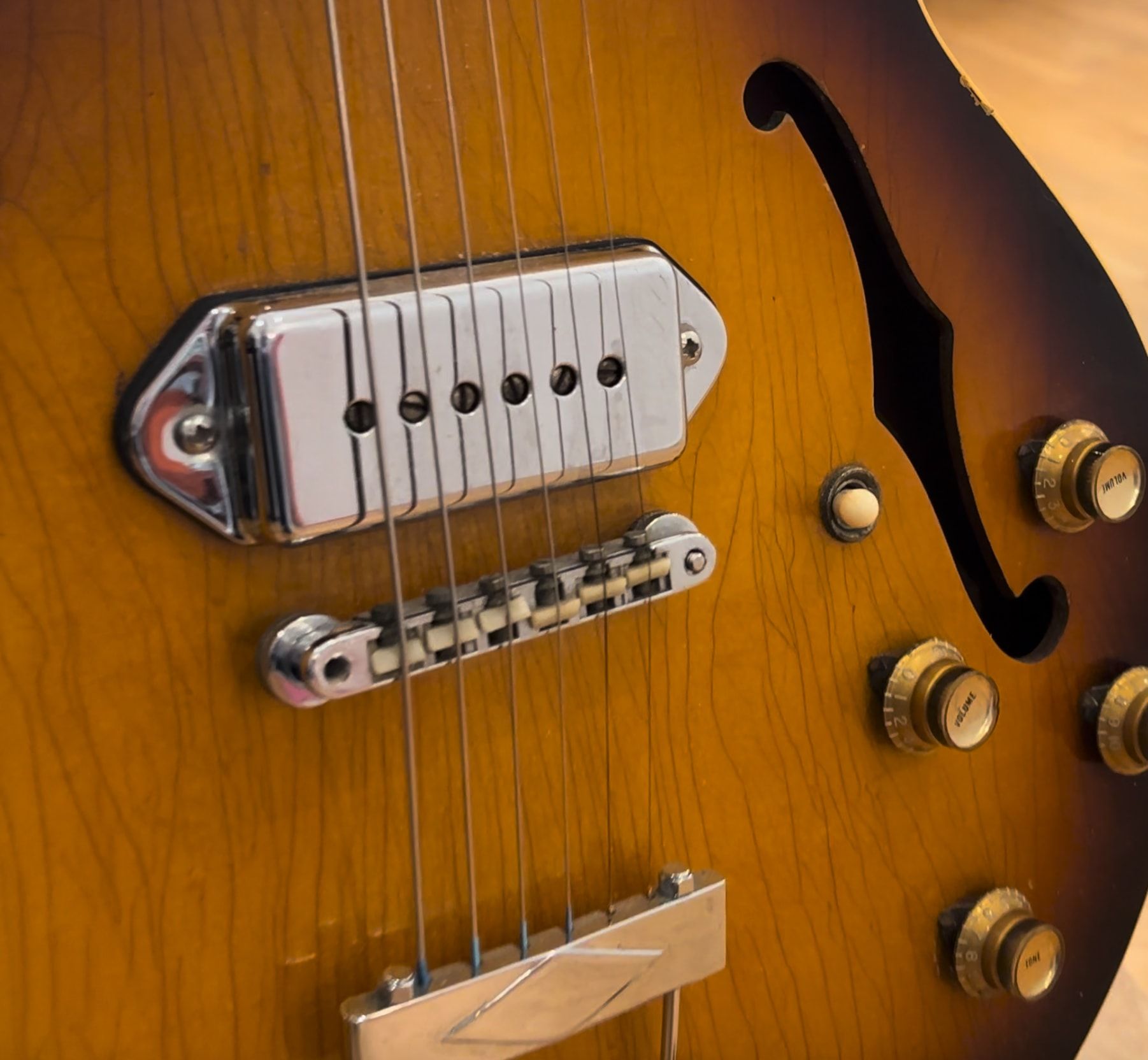 Les six cordes d’une guitare demi-caisse au vernis doré, en gros plan, au-dessus de son micro chromé et de son chevalet.